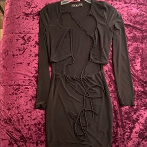 Black dress with open front.